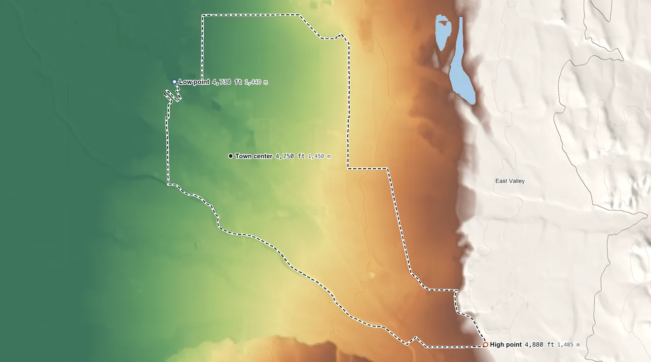 Topographic elevation map of Gardnerville, Nevada, shaded from 4,730 ft on the northwest side to 4,880 ft at the foot of the Indian Hills