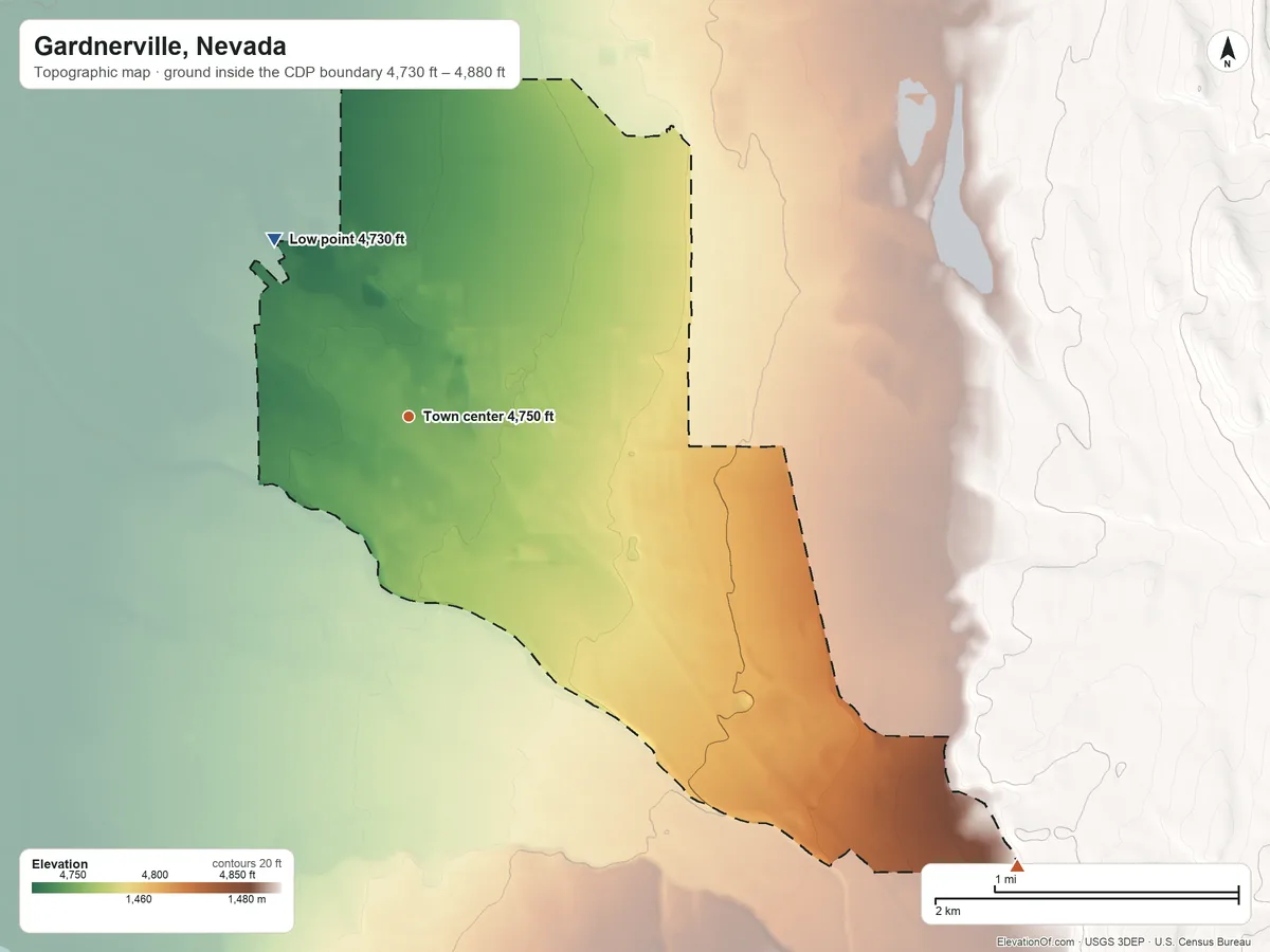 Topographic elevation map of Gardnerville, Nevada, shaded from 4,730 ft on the northwest side to 4,880 ft at the foot of the Indian Hills