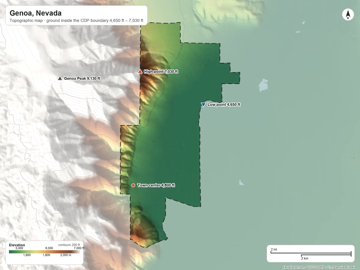 Topographic elevation map of Genoa, Nevada, shaded from 4,650 ft on the northeast side to 7,030 ft at the foot of the Indian Hills