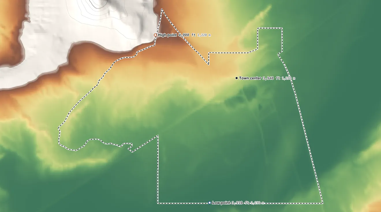 Topographic elevation map of Gerlach, Nevada, shaded from 3,910 ft on the south side to 4,000 ft at the foot of the Granite Range