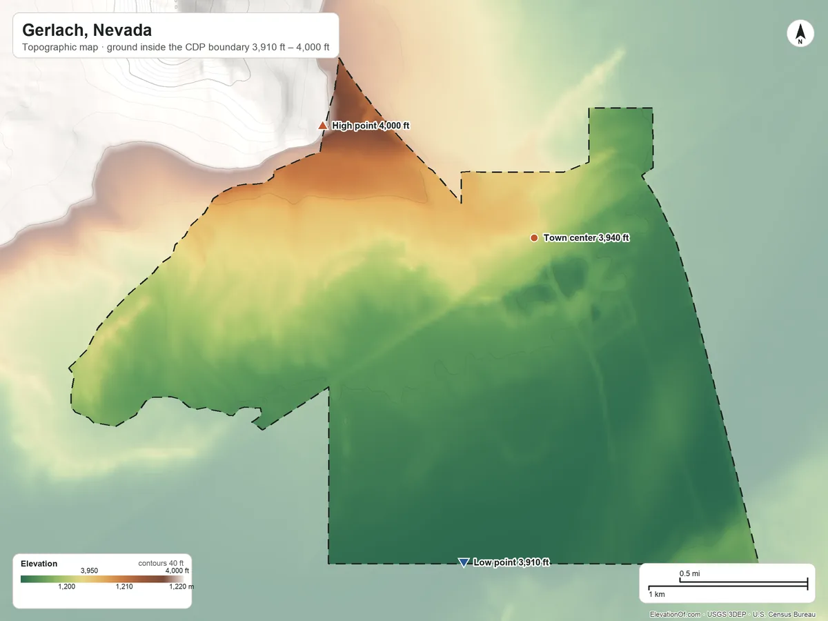 Topographic elevation map of Gerlach, Nevada, shaded from 3,910 ft on the south side to 4,000 ft at the foot of the Granite Range