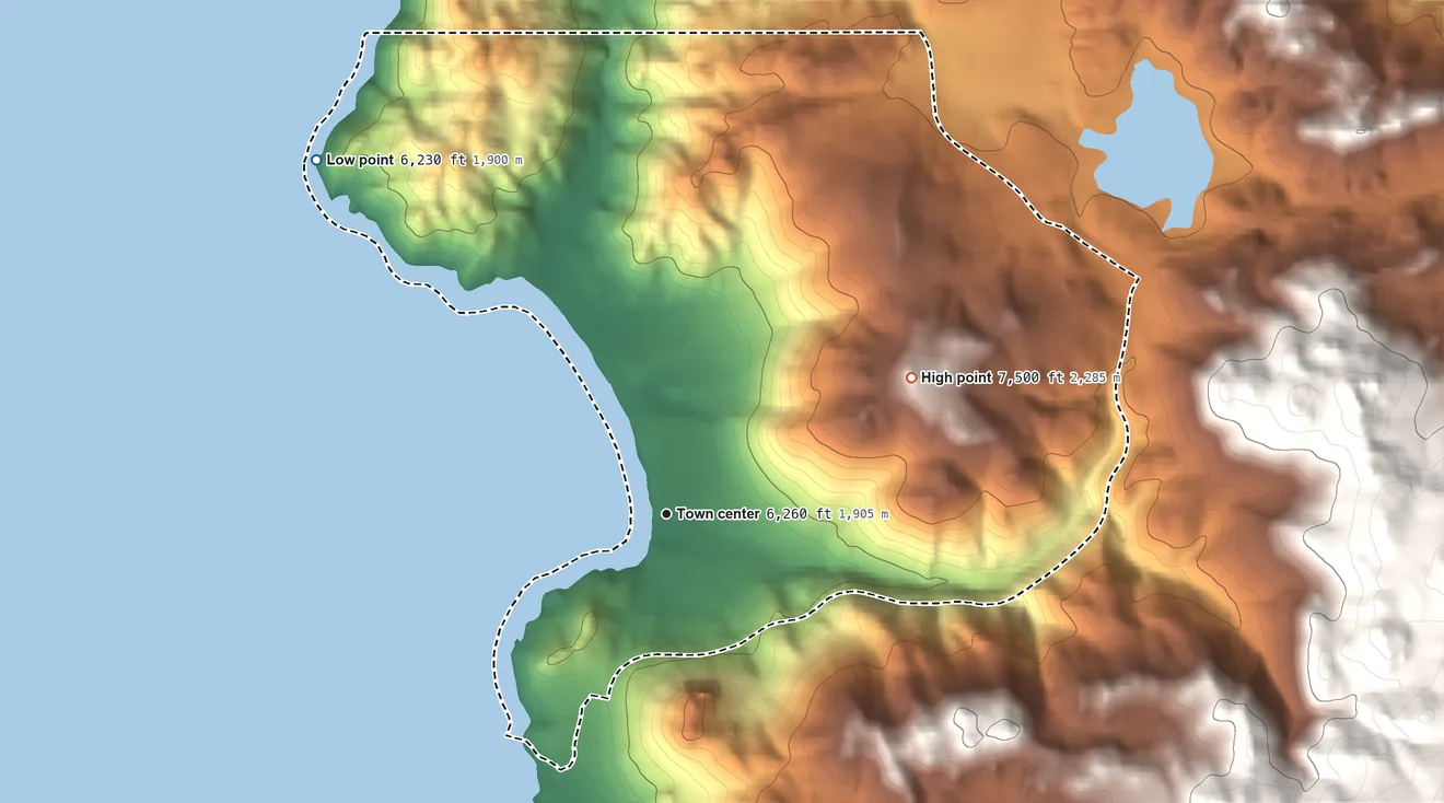 Topographic elevation map of Glenbrook, Nevada, shaded from 6,230 ft on the northwest side to 7,500 ft on the northeast side