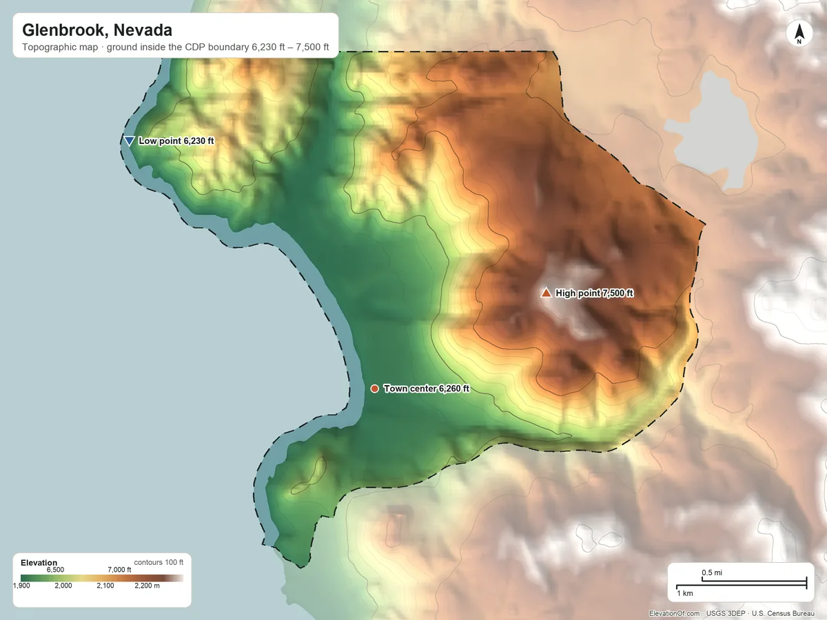Topographic elevation map of Glenbrook, Nevada, shaded from 6,230 ft on the northwest side to 7,500 ft on the northeast side