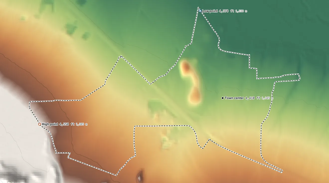 Topographic elevation map of Golconda, Nevada, shaded from 4,370 ft on the north side to 4,550 ft at the foot of the Granite Hills