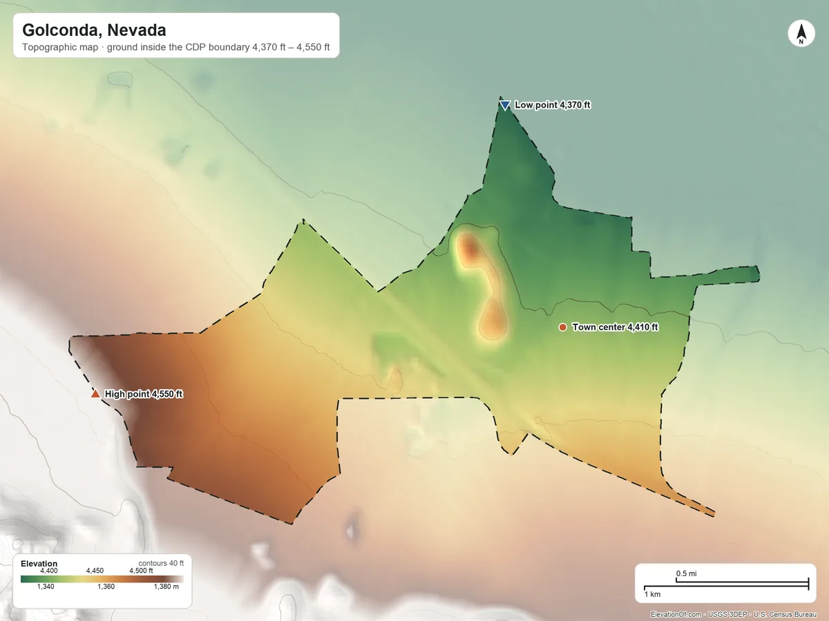 Topographic elevation map of Golconda, Nevada, shaded from 4,370 ft on the north side to 4,550 ft at the foot of the Granite Hills