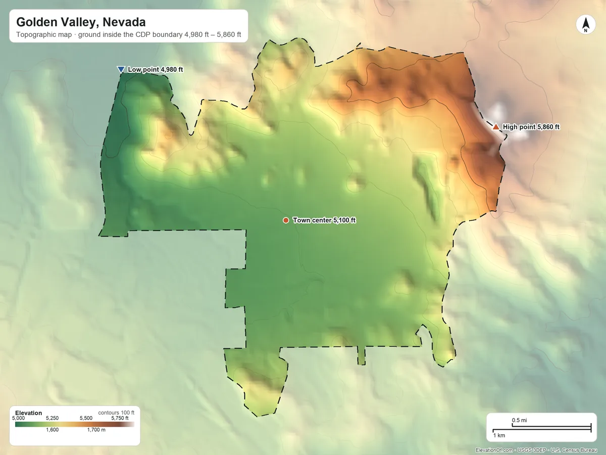 Topographic elevation map of Golden Valley, Nevada, shaded from 4,980 ft on the northwest side to 5,860 ft on the northeast side