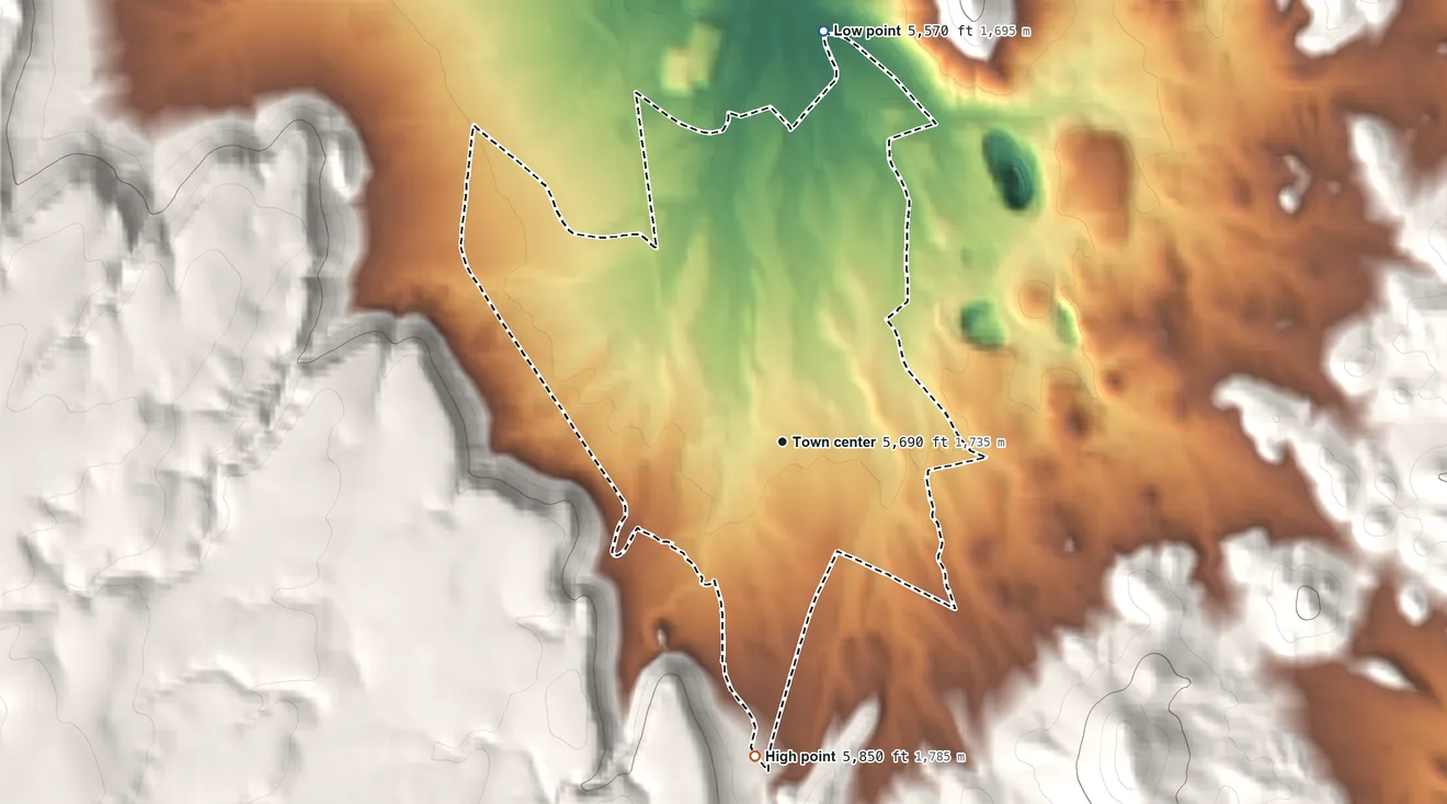 Topographic elevation map of Goldfield, Nevada, shaded from 5,570 ft on the north side to 5,850 ft at the foot of the Goldfield Hills