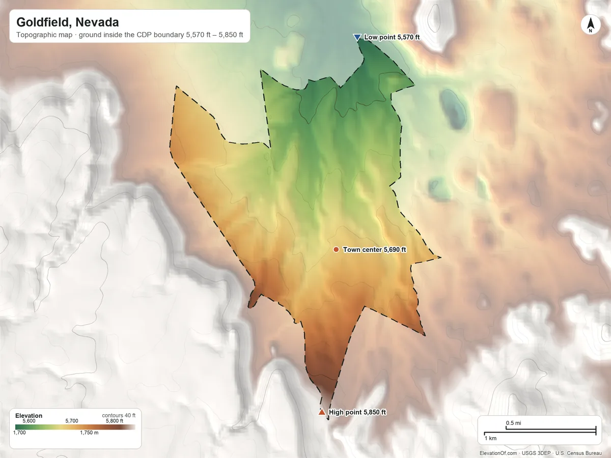 Topographic elevation map of Goldfield, Nevada, shaded from 5,570 ft on the north side to 5,850 ft at the foot of the Goldfield Hills
