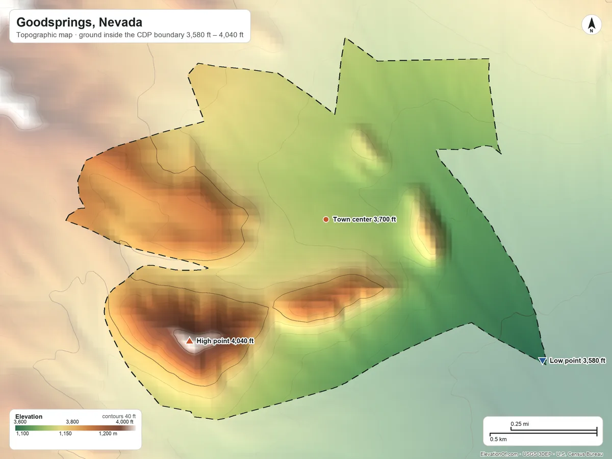 Topographic elevation map of Goodsprings, Nevada, shaded from 3,580 ft on the southeast side to 4,040 ft at the foot of the Bird Spring Range