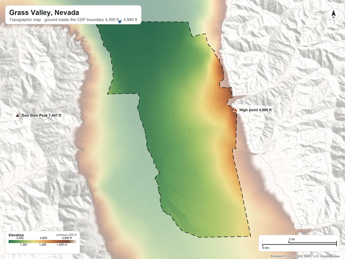 Topographic elevation map of Grass Valley, Nevada, shaded from 4,300 ft on the northwest side to 4,880 ft at the foot of the Sonoma Range