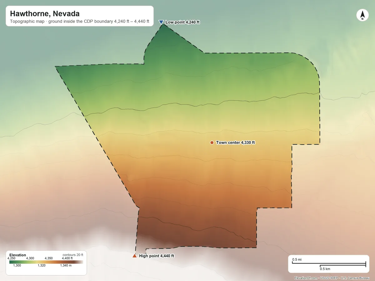 Topographic elevation map of Hawthorne, Nevada, shaded from 4,240 ft on the northwest side to 4,440 ft at the foot of the Wassuk Range
