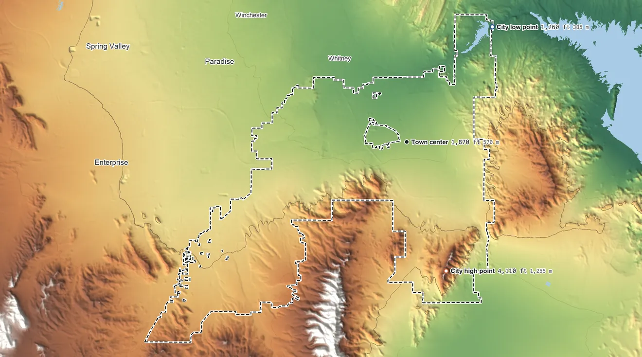 Topographic elevation map of Henderson, Nevada, shaded from 1,260 ft on the northeast side to 4,110 ft on Black Hill
