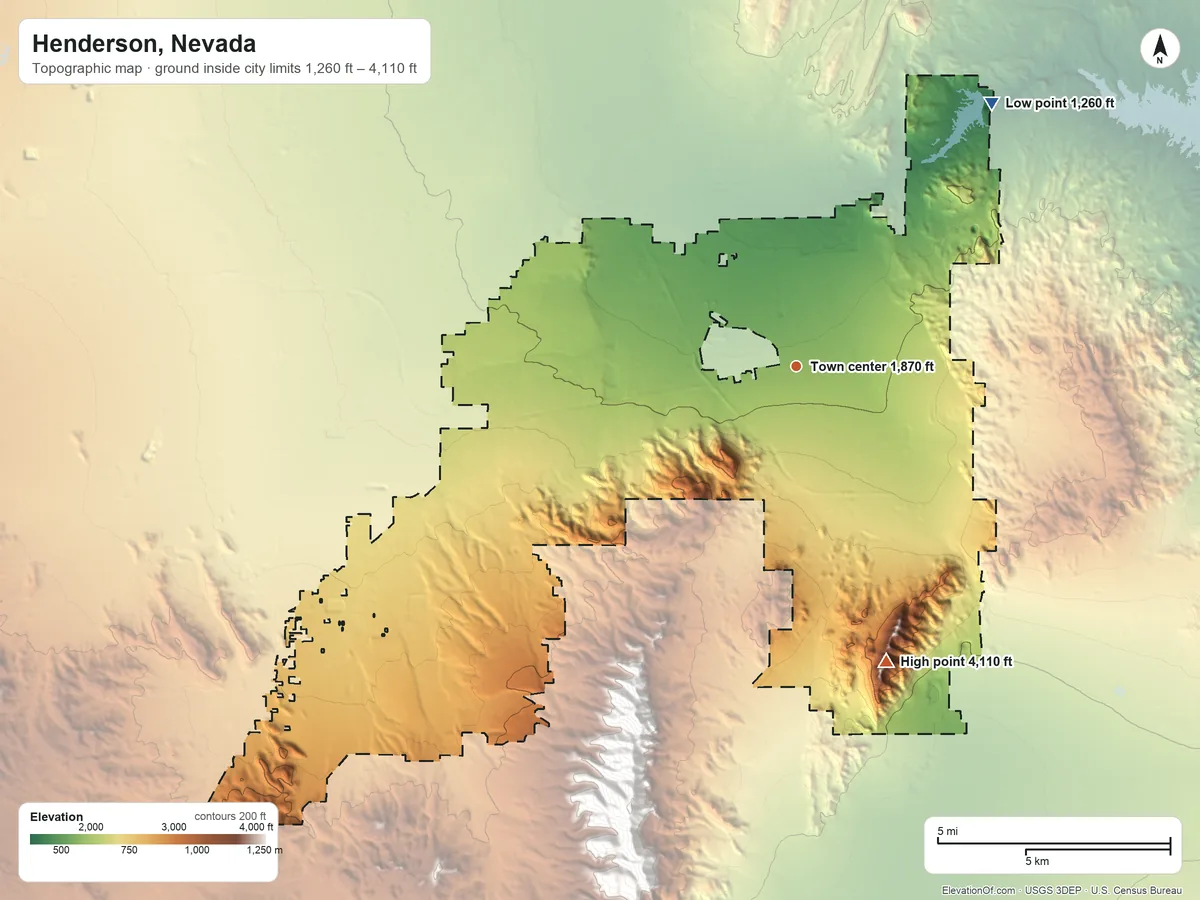 Topographic elevation map of Henderson, Nevada, shaded from 1,260 ft on the northeast side to 4,110 ft on Black Hill
