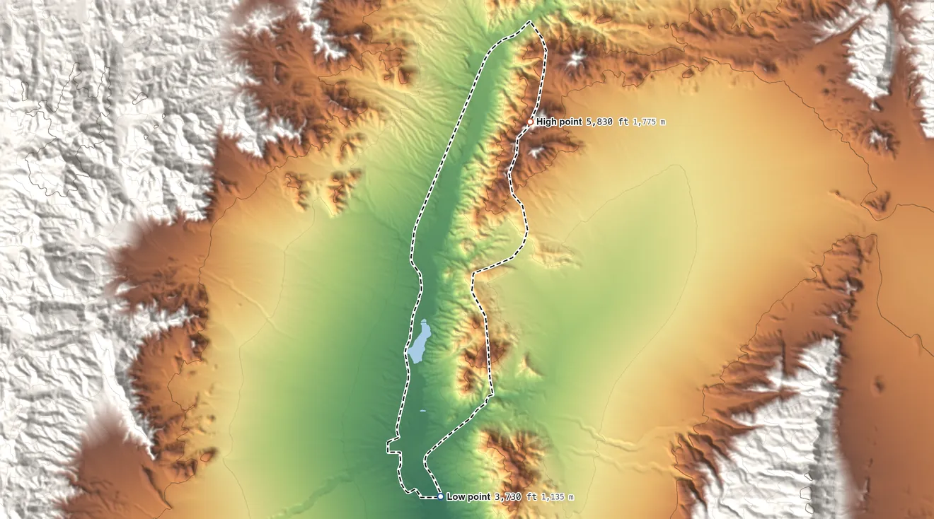 Topographic elevation map of Hiko, Nevada, shaded from 3,730 ft on the south side to 5,830 ft at the foot of the Hiko Range