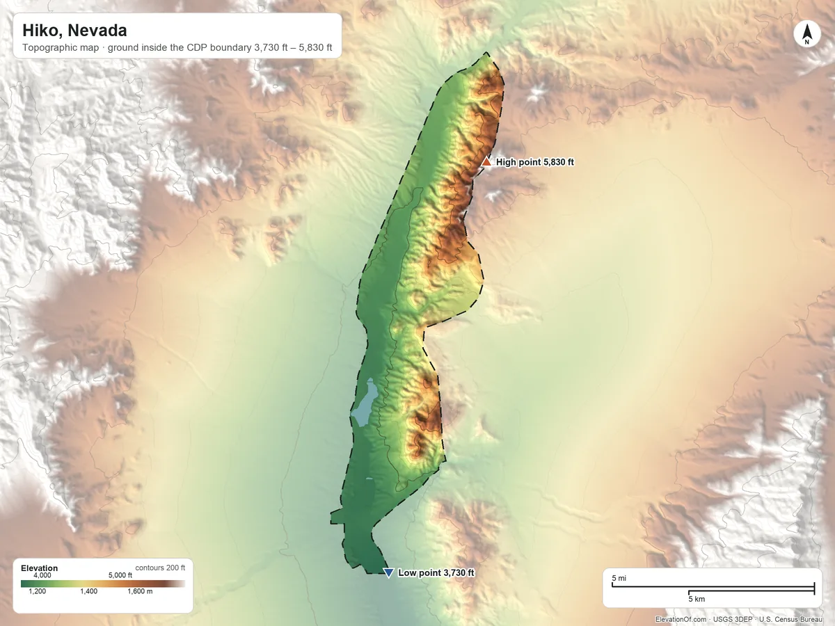 Topographic elevation map of Hiko, Nevada, shaded from 3,730 ft on the south side to 5,830 ft at the foot of the Hiko Range