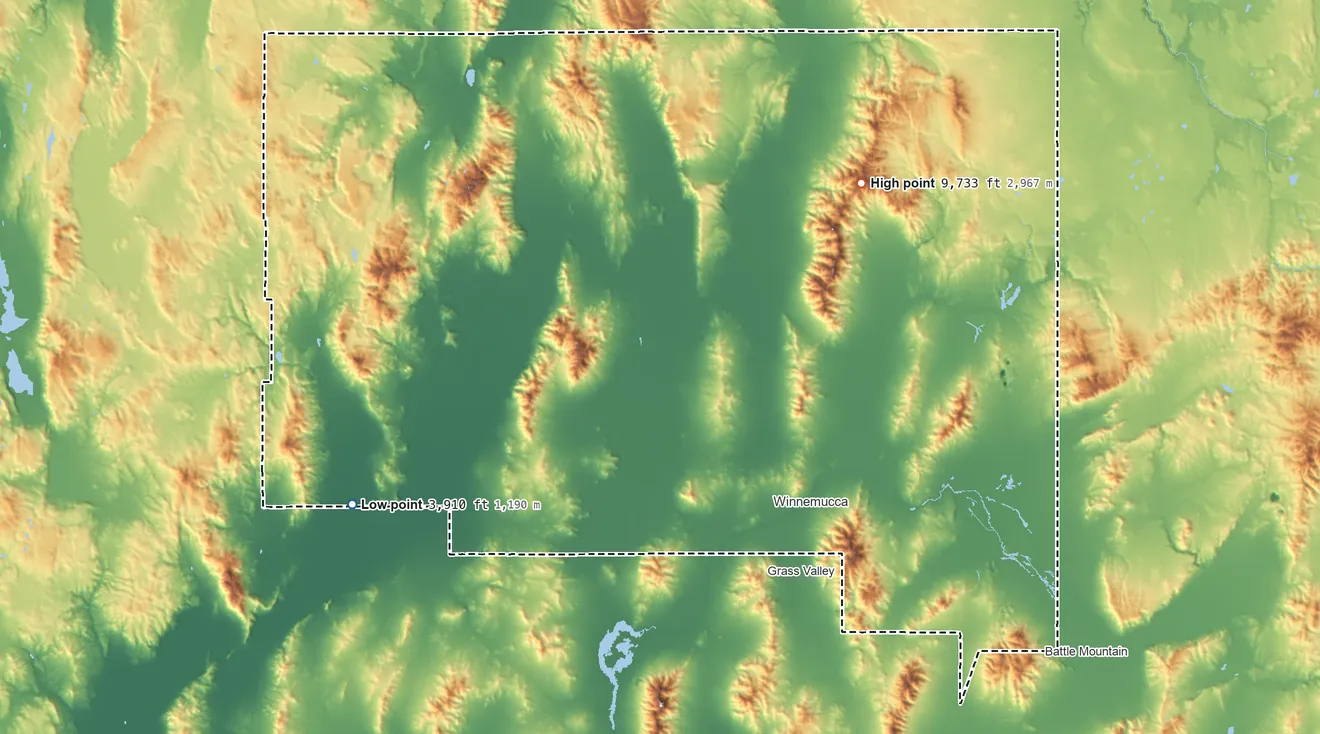 Topographic elevation map of Humboldt County, Nevada, shaded from 3,910 ft on the southwest side to 9,733 ft on Granite Peak