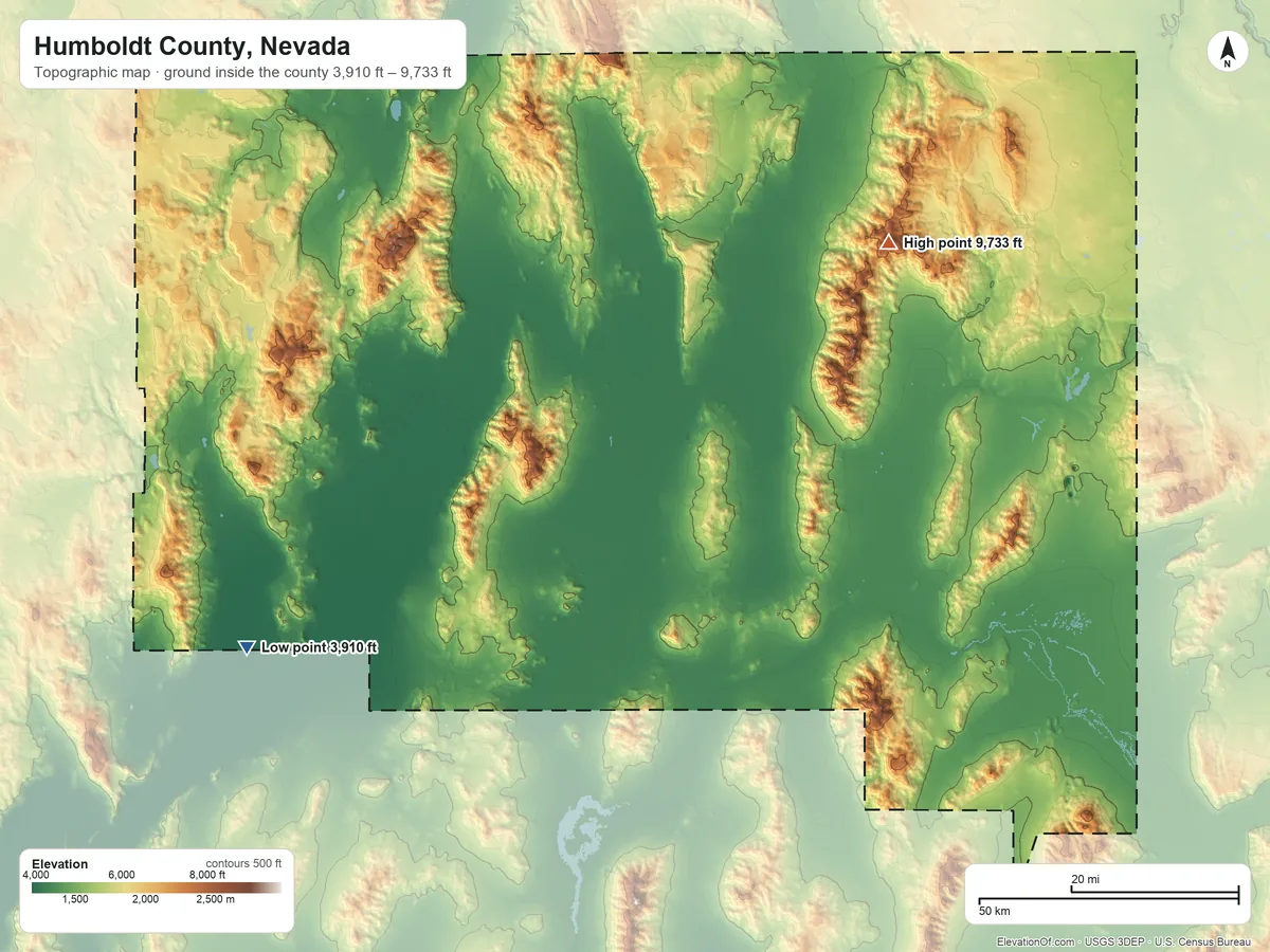 Topographic elevation map of Humboldt County, Nevada, shaded from 3,910 ft on the southwest side to 9,733 ft on Granite Peak
