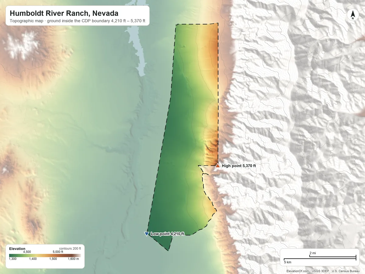 Topographic elevation map of Humboldt River Ranch, Nevada, shaded from 4,210 ft on the southwest side to 5,370 ft at the foot of the Humboldt Range