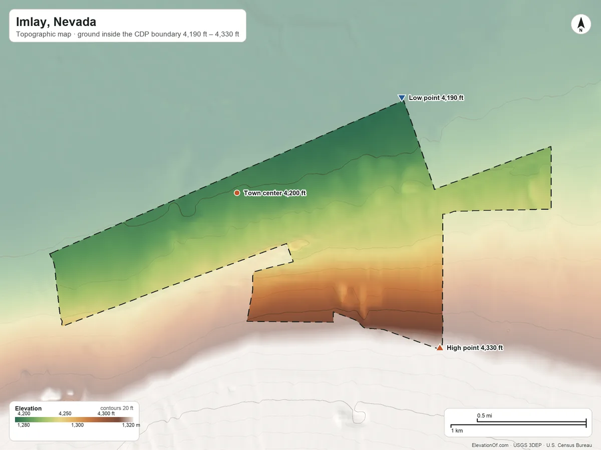Topographic elevation map of Imlay, Nevada, shaded from 4,190 ft on the northeast side to 4,330 ft at the foot of the Humboldt Range