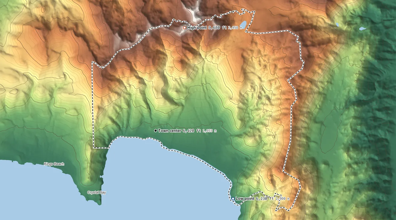Topographic elevation map of Incline Village, Nevada, shaded from 6,230 ft on the southeast side to 9,680 ft on Rose Knob Peak