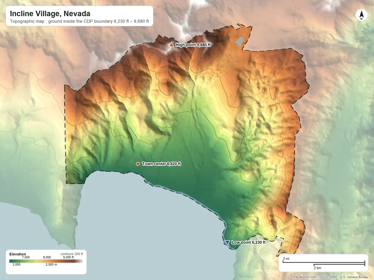 Topographic elevation map of Incline Village, Nevada, shaded from 6,230 ft on the southeast side to 9,680 ft on Rose Knob Peak