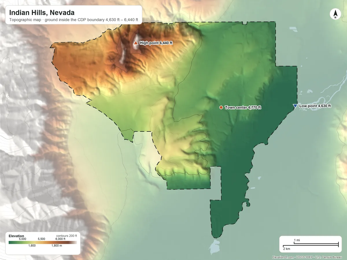 Topographic elevation map of Indian Hills, Nevada, shaded from 4,630 ft on the east side to 6,440 ft on the northwest side