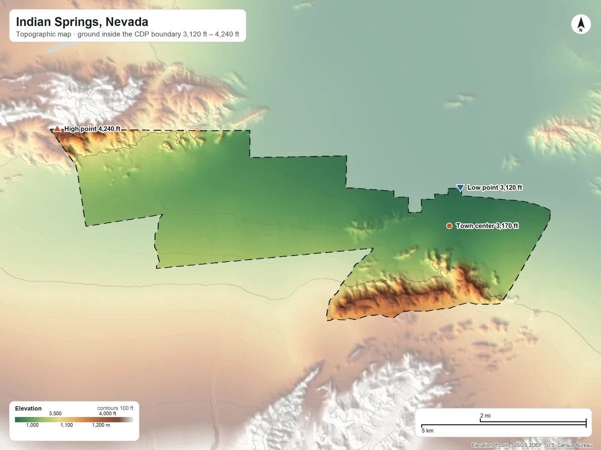 Topographic elevation map of Indian Springs, Nevada, shaded from 3,120 ft near the middle to 4,240 ft at the foot of the Spotted Range