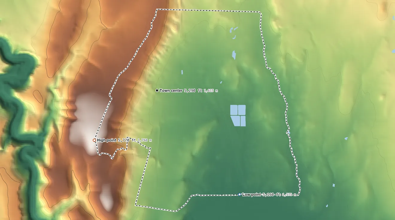 Topographic elevation map of Jackpot, Nevada, shaded from 5,160 ft on the southeast side to 5,770 ft on the southwest side