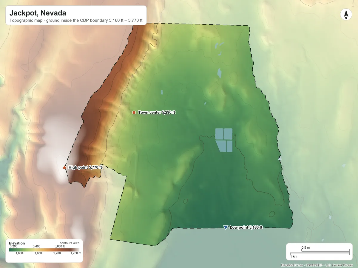 Topographic elevation map of Jackpot, Nevada, shaded from 5,160 ft on the southeast side to 5,770 ft on the southwest side