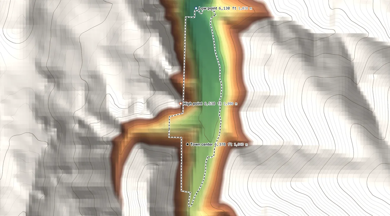 Topographic elevation map of Jarbidge, Nevada, shaded from 6,130 ft on the north side to 6,530 ft at the foot of the Jarbidge Mountains