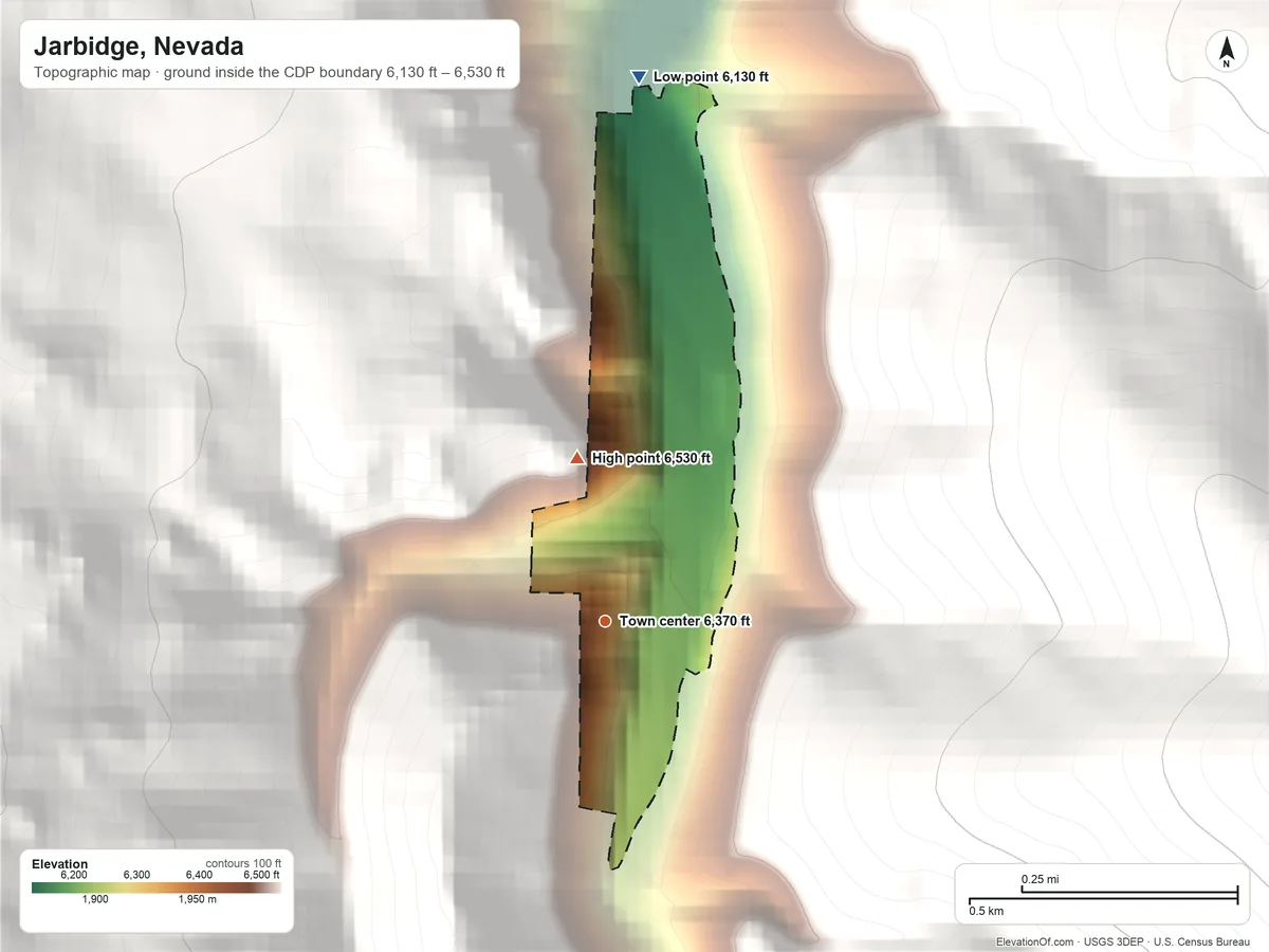 Topographic elevation map of Jarbidge, Nevada, shaded from 6,130 ft on the north side to 6,530 ft at the foot of the Jarbidge Mountains