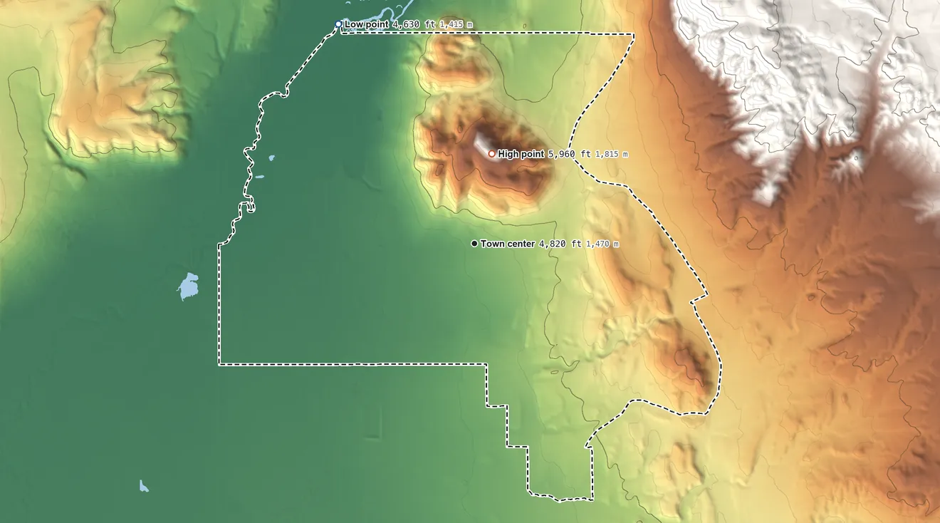 Topographic elevation map of Johnson Lane, Nevada, shaded from 4,630 ft on the northwest side to 5,960 ft on Hot Springs Mountain