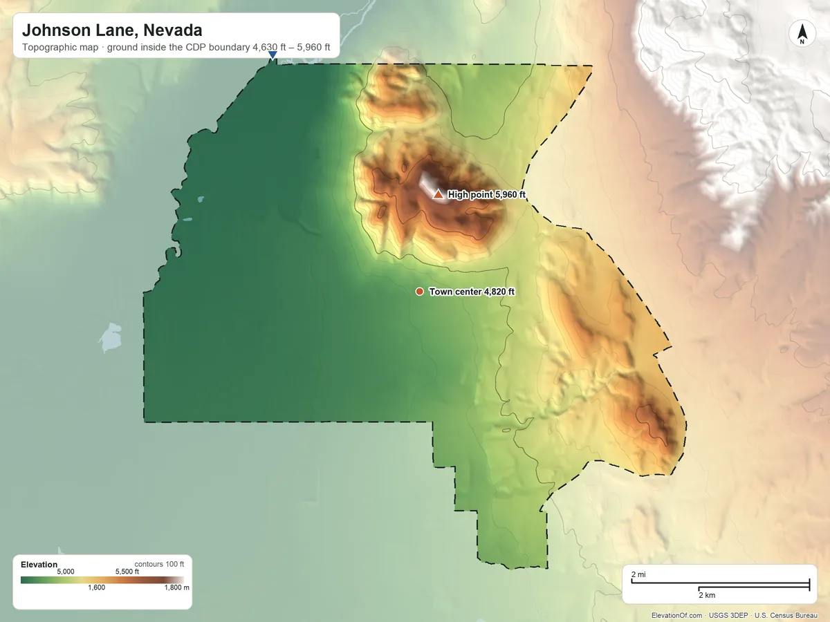 Topographic elevation map of Johnson Lane, Nevada, shaded from 4,630 ft on the northwest side to 5,960 ft on Hot Springs Mountain