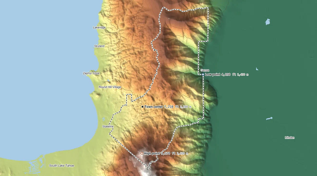 Topographic elevation map of Kingsbury, Nevada, shaded from 4,890 ft on the northeast side to 9,570 ft on East Peak