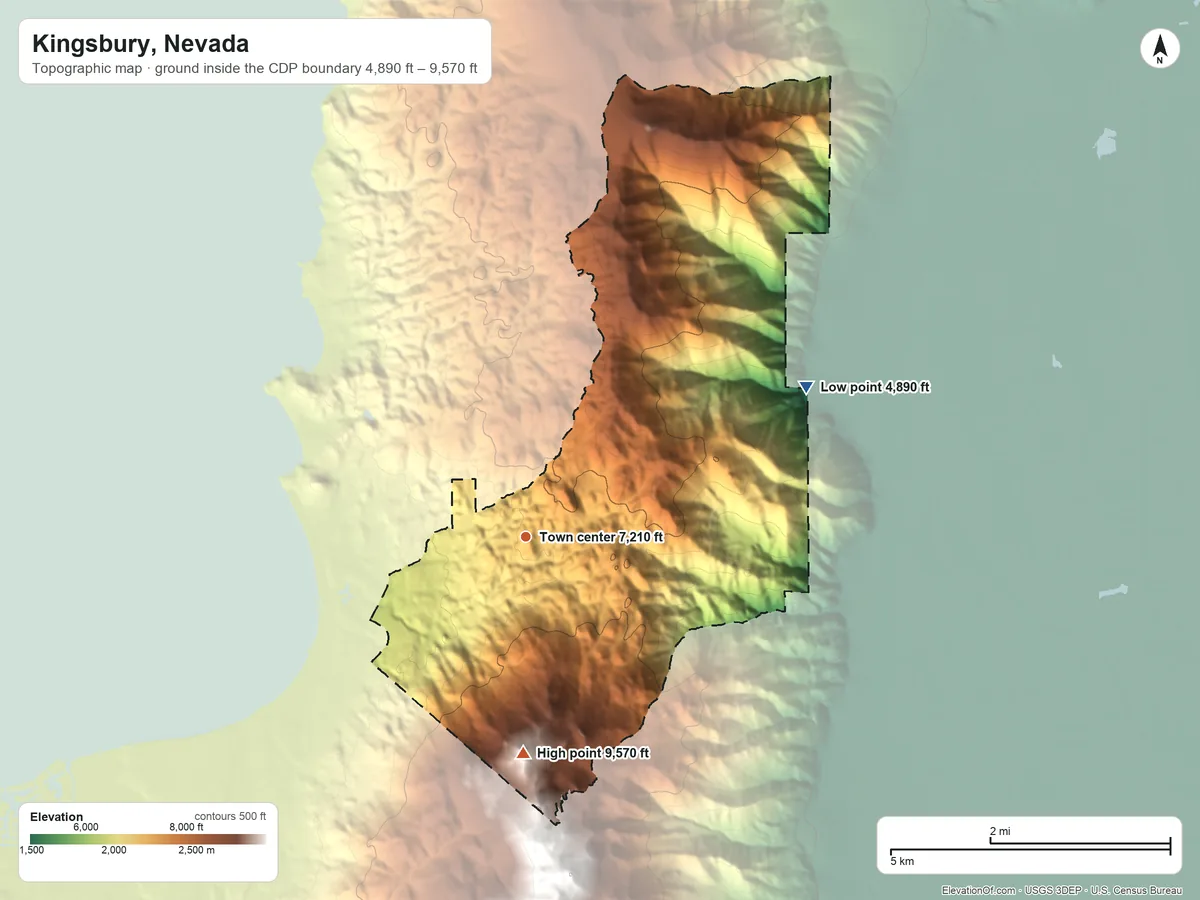 Topographic elevation map of Kingsbury, Nevada, shaded from 4,890 ft on the northeast side to 9,570 ft on East Peak