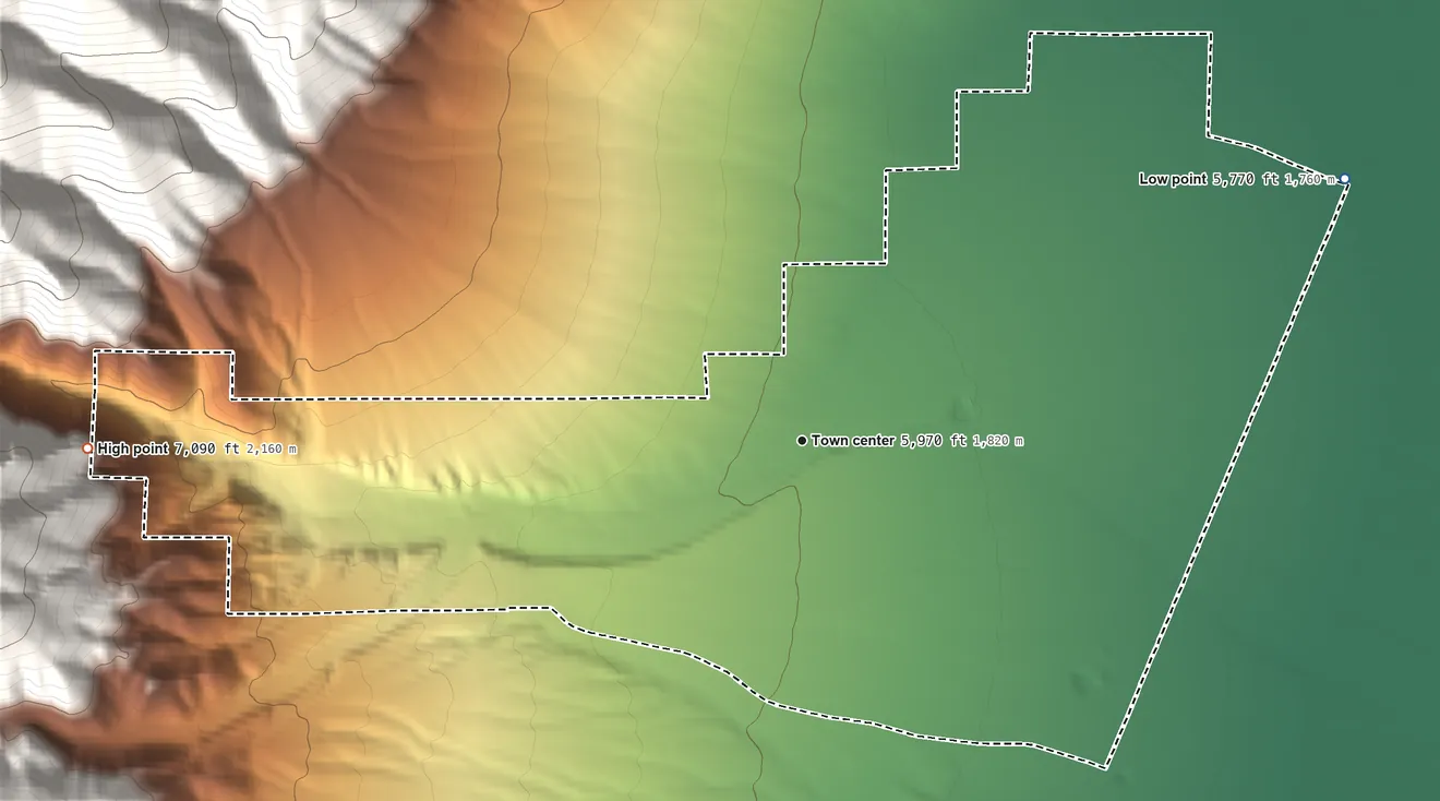 Topographic elevation map of Kingston, Nevada, shaded from 5,770 ft on the northeast side to 7,090 ft at the foot of the Toiyabe Range