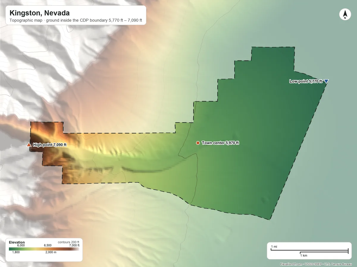 Topographic elevation map of Kingston, Nevada, shaded from 5,770 ft on the northeast side to 7,090 ft at the foot of the Toiyabe Range