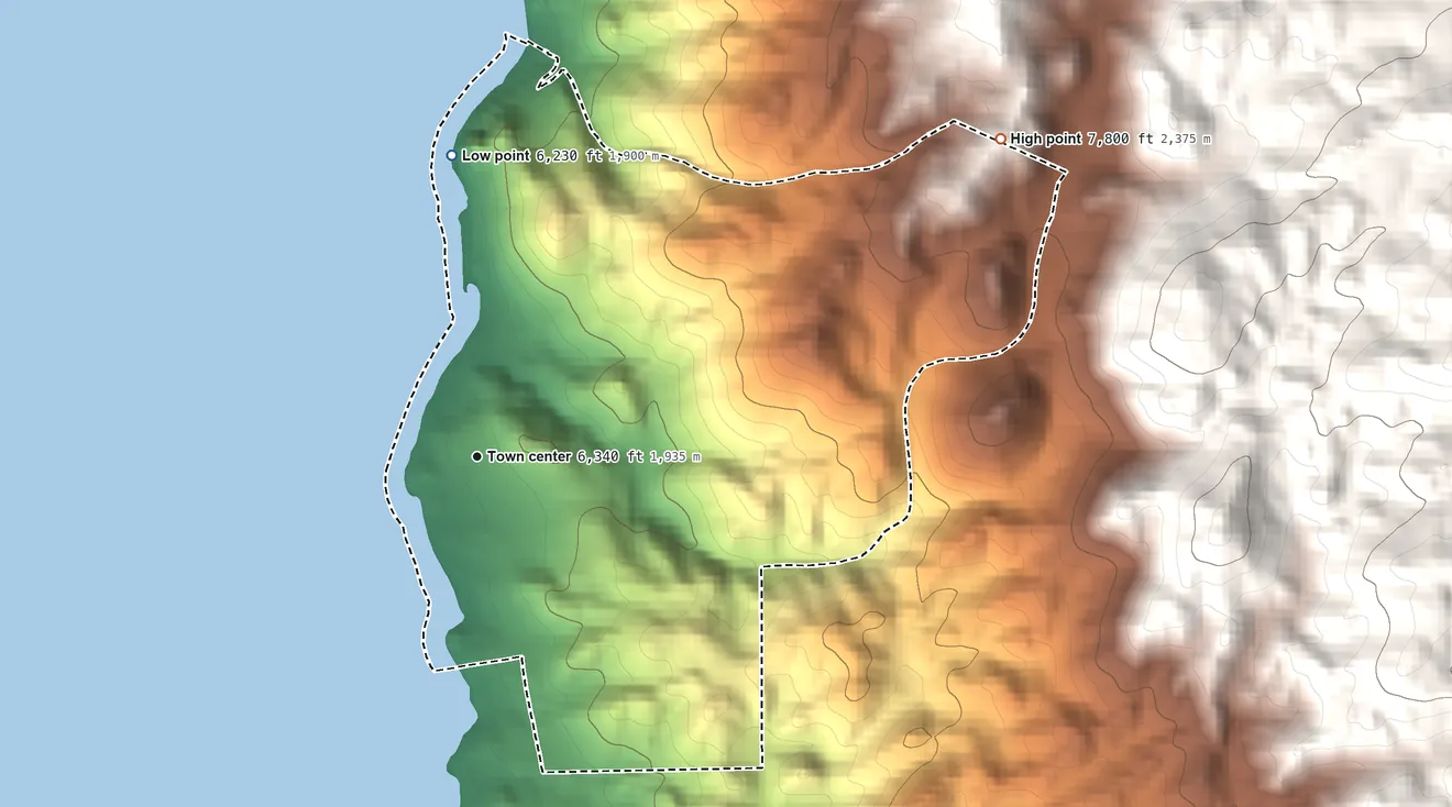 Topographic elevation map of Lakeridge, Nevada, shaded from 6,230 ft on the north side to 7,800 ft at the foot of the Indian Hills
