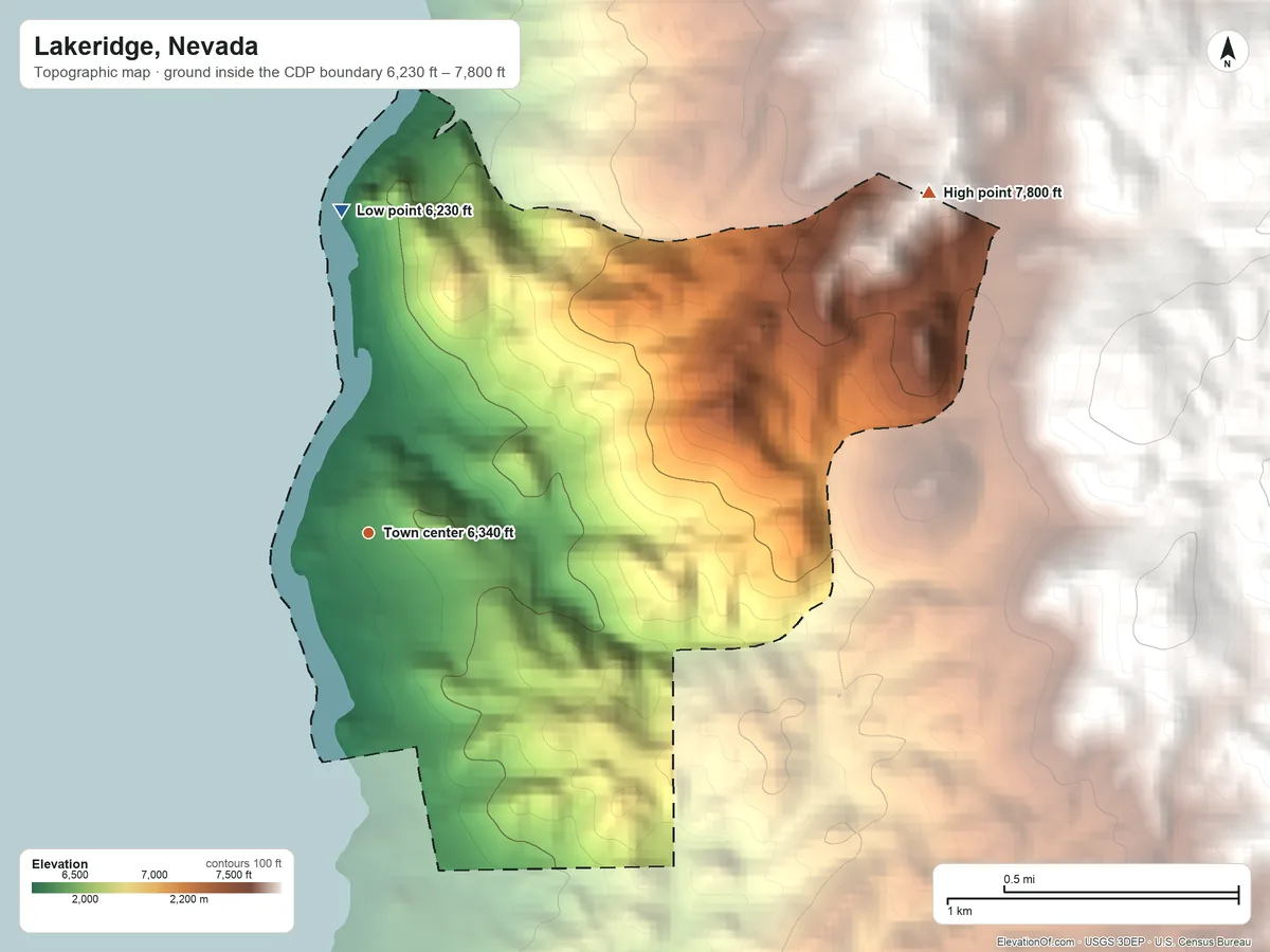 Topographic elevation map of Lakeridge, Nevada, shaded from 6,230 ft on the north side to 7,800 ft at the foot of the Indian Hills