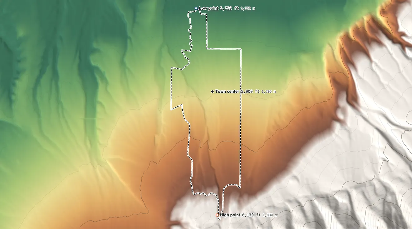 Topographic elevation map of Lamoille, Nevada, shaded from 5,750 ft on the north side to 6,170 ft at the foot of the Elko Hills