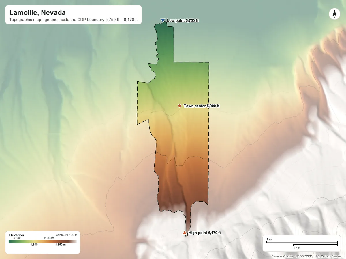 Topographic elevation map of Lamoille, Nevada, shaded from 5,750 ft on the north side to 6,170 ft at the foot of the Elko Hills