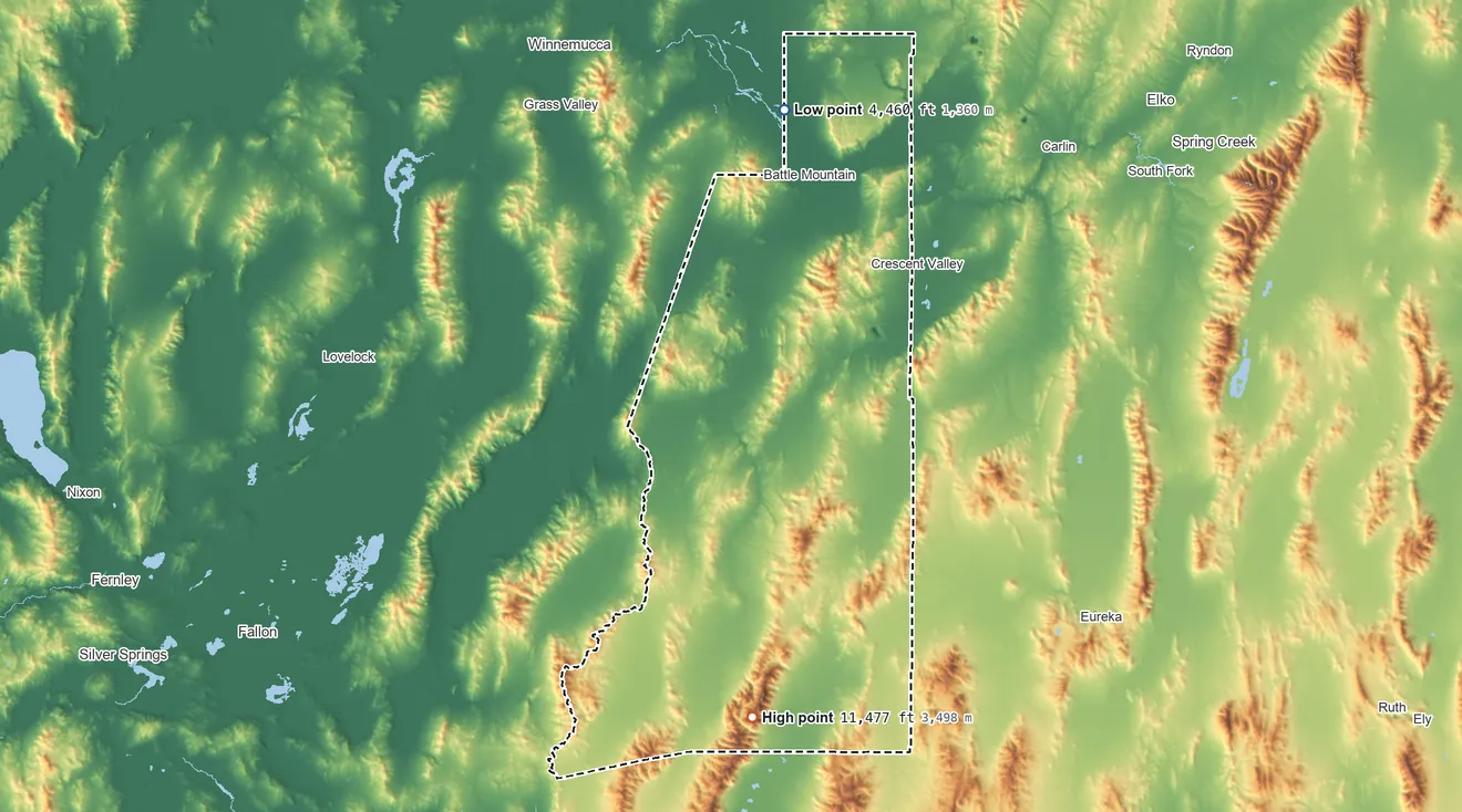Topographic elevation map of Lander County, Nevada, shaded from 4,460 ft on the north side to 11,477 ft on Bunker Hill