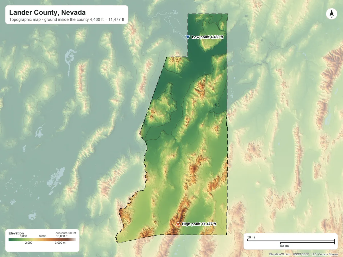 Topographic elevation map of Lander County, Nevada, shaded from 4,460 ft on the north side to 11,477 ft on Bunker Hill