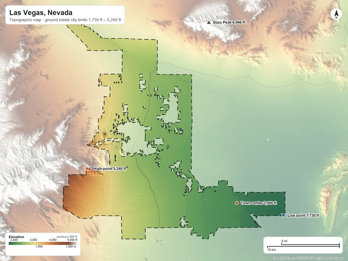 Topographic elevation map of Las Vegas, Nevada, shaded from 1,730 ft on the east side to 5,240 ft on the west edge, below higher ground just outside
