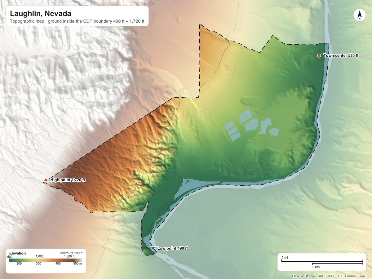 Topographic elevation map of Laughlin, Nevada, shaded from 490 ft on the southwest side to 1,720 ft at the foot of the Newberry Mountains