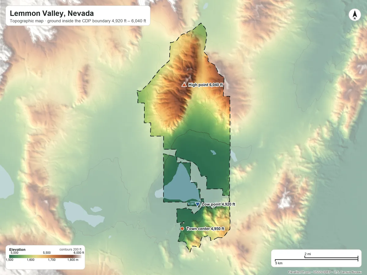 Topographic elevation map of Lemmon Valley, Nevada, shaded from 4,920 ft on the northeast side to 6,040 ft on the north side