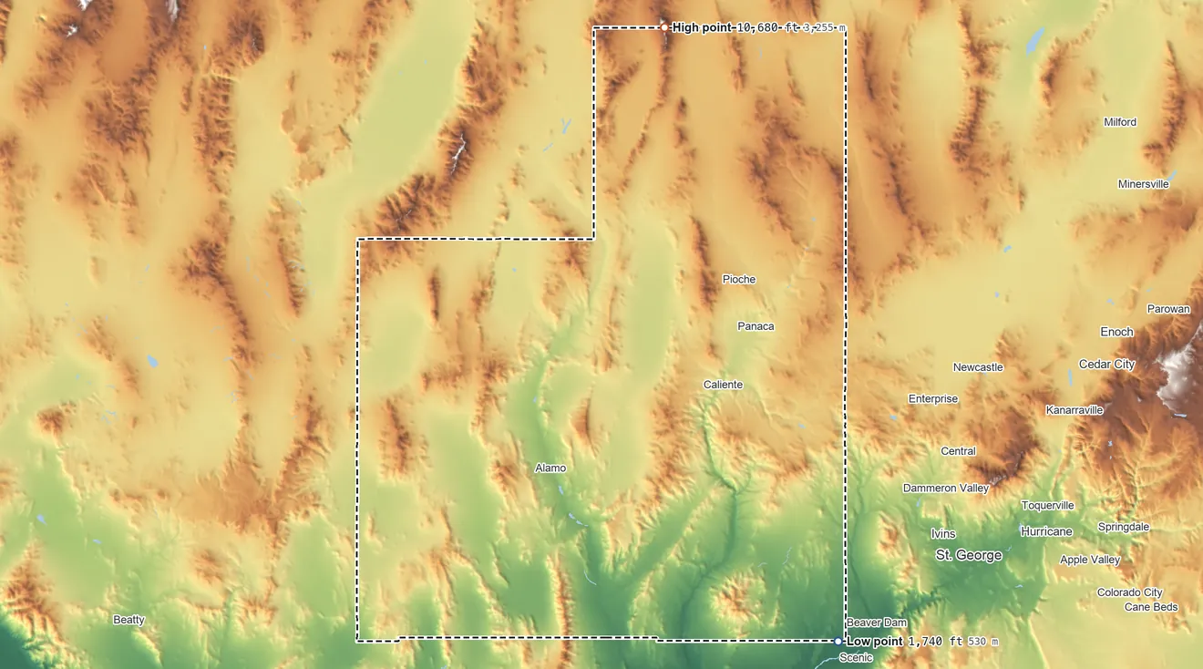 Topographic elevation map of Lincoln County, Nevada, shaded from 1,740 ft on the southeast side to 10,680 ft on the north side