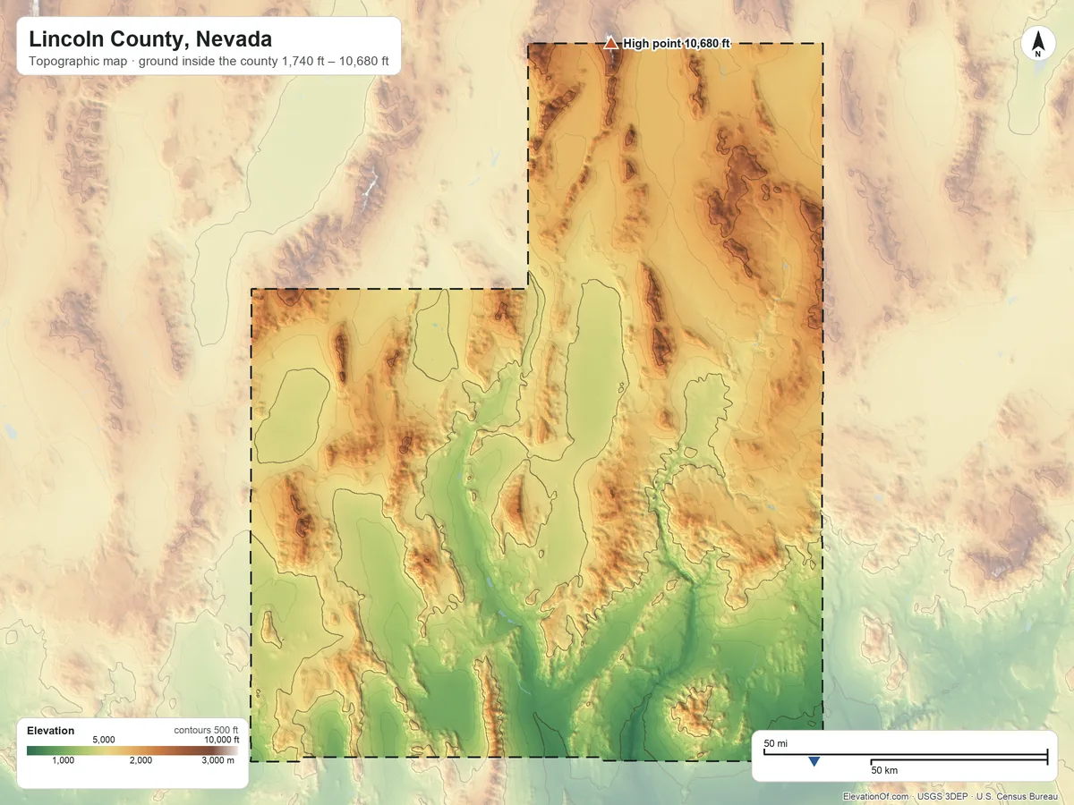 Topographic elevation map of Lincoln County, Nevada, shaded from 1,740 ft on the southeast side to 10,680 ft on the north side
