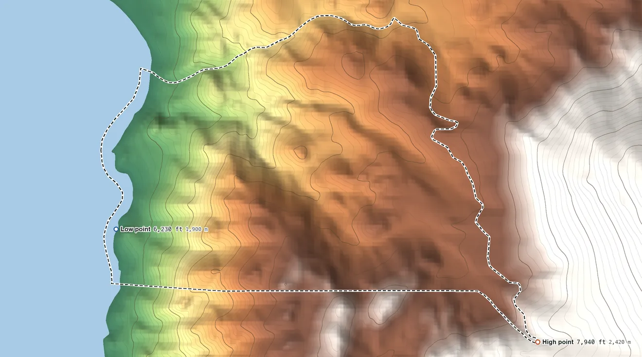 Topographic elevation map of Logan Creek, Nevada, shaded from 6,230 ft on the west side to 7,940 ft at the foot of the Indian Hills