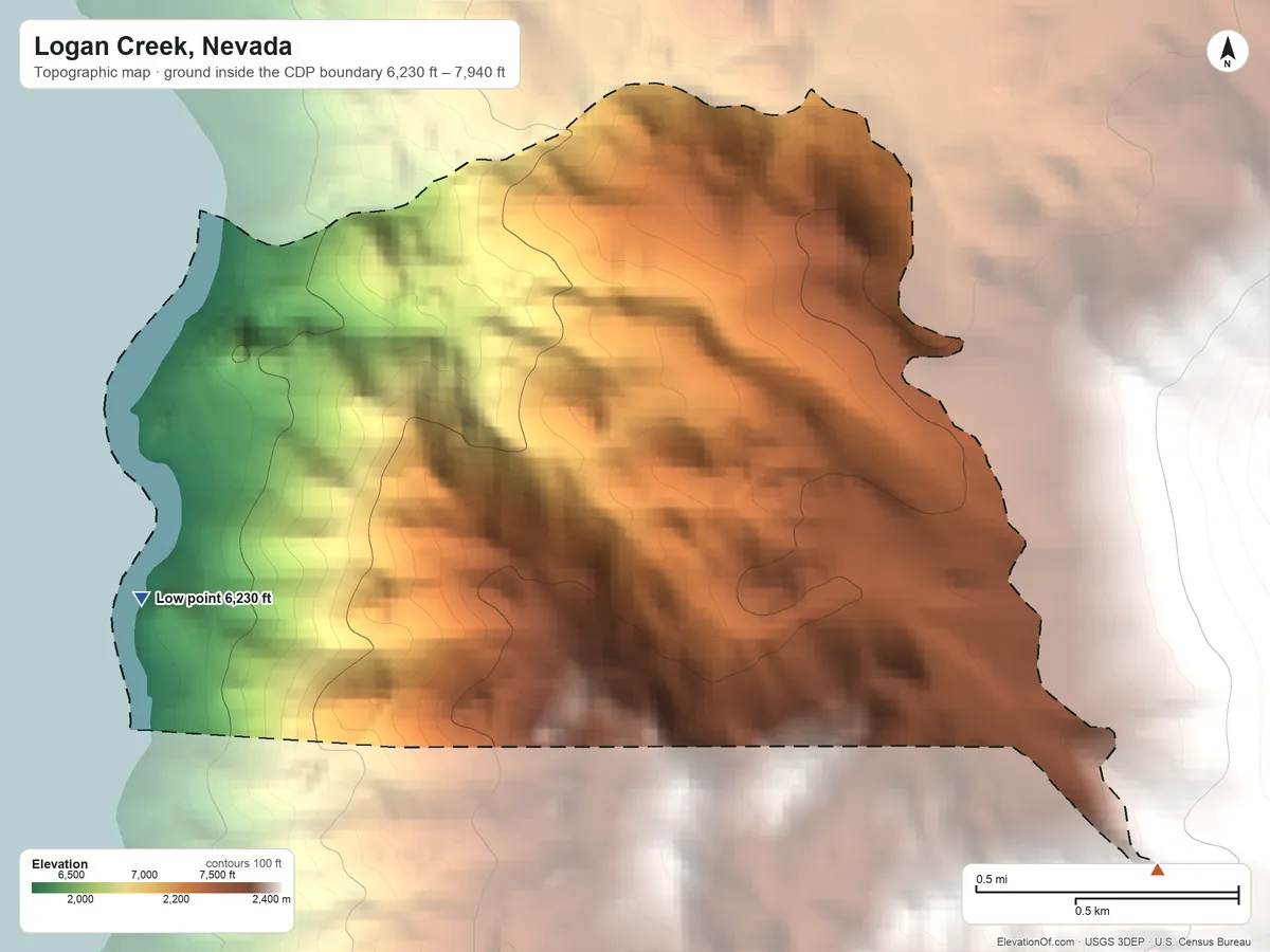 Topographic elevation map of Logan Creek, Nevada, shaded from 6,230 ft on the west side to 7,940 ft at the foot of the Indian Hills